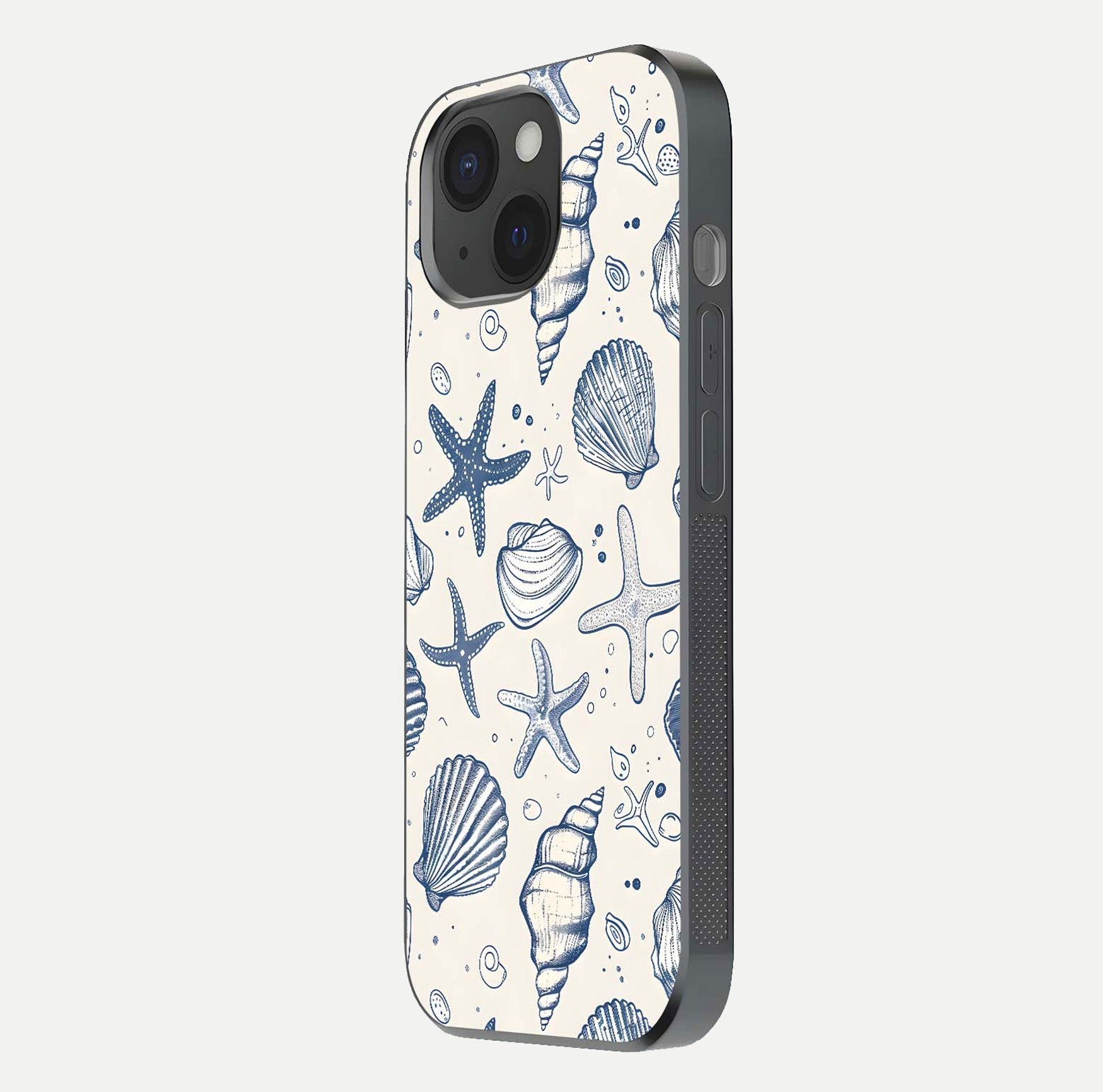 Blue Ocean Outline Glass Case for iPhone 15 side-angle view showing clear edge lines and oceanic blue glow