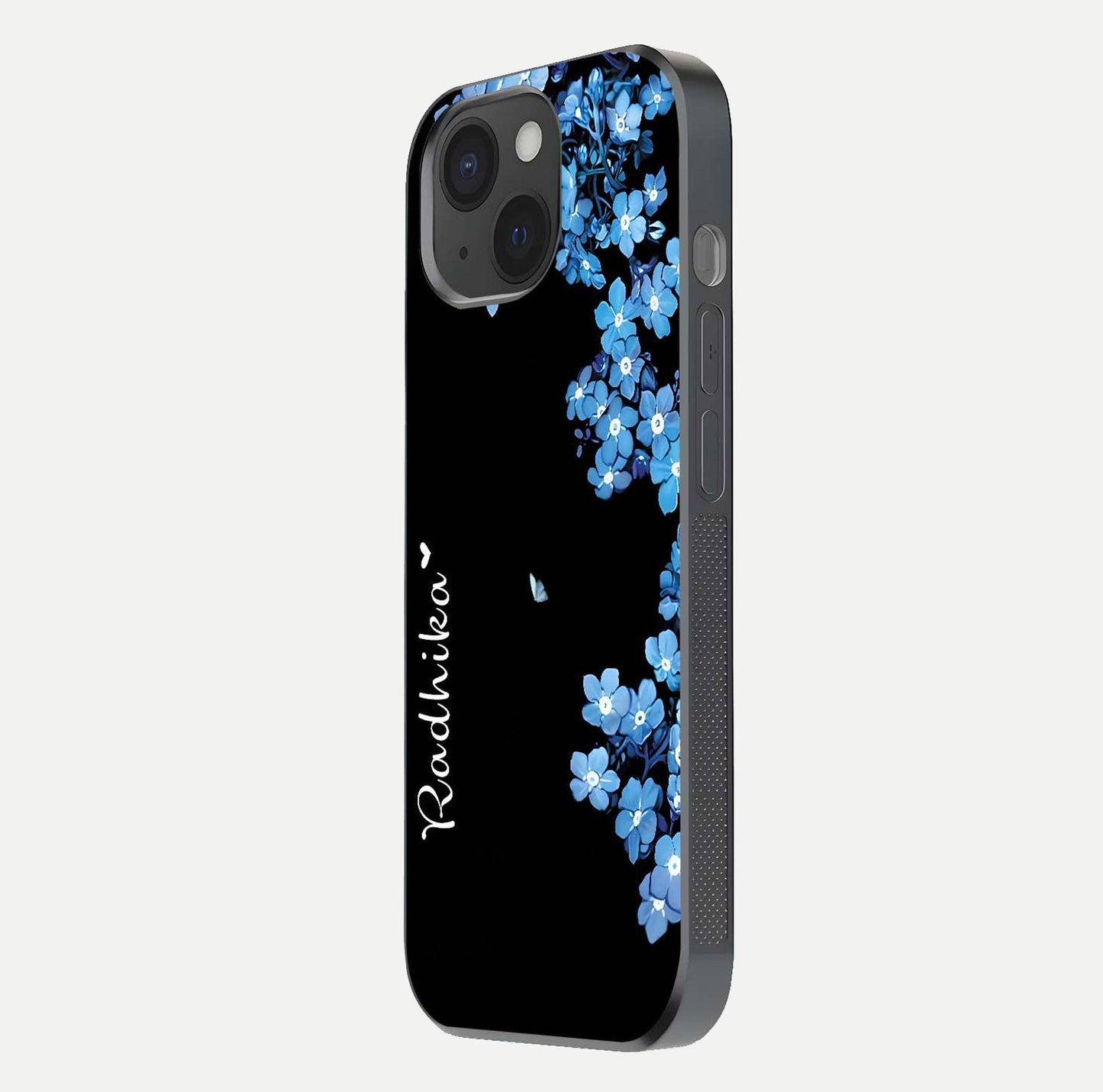 Blue Petal Dream Custom Name Glass Case for iPhone 15 side-angle image showing name print clarity and smooth gloss