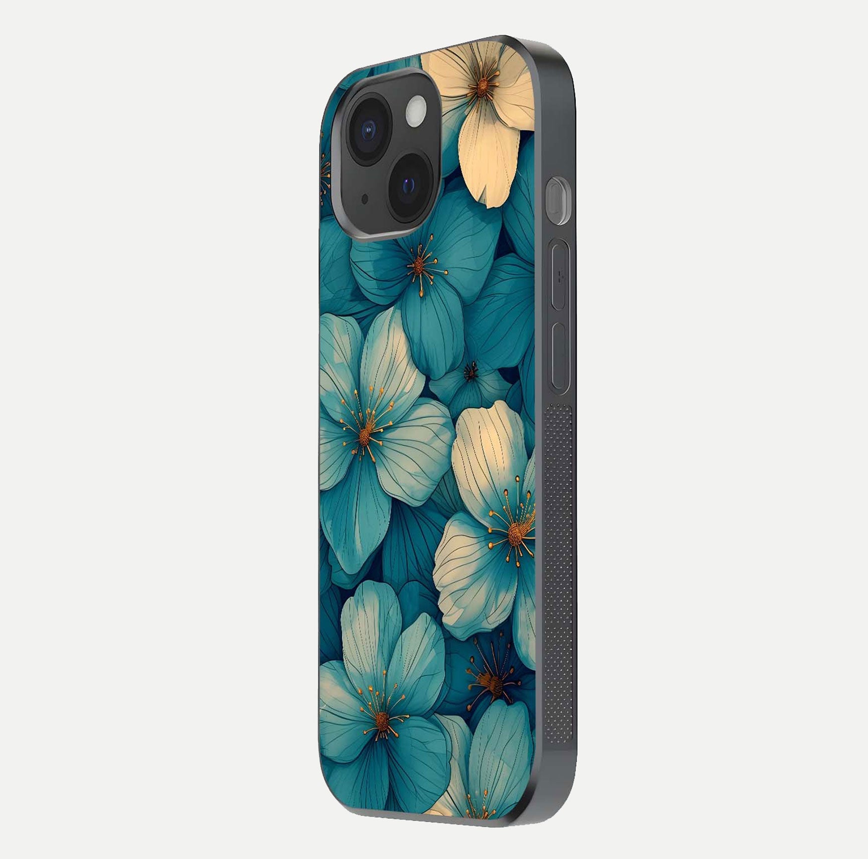 Blue Shade Floral Glass Case for iPhone 15 side-angle photo showing detailed floral hues and curved glass shine