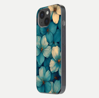 Blue Shade Floral Glass Case for iPhone 15 side-angle photo showing detailed floral hues and curved glass shine