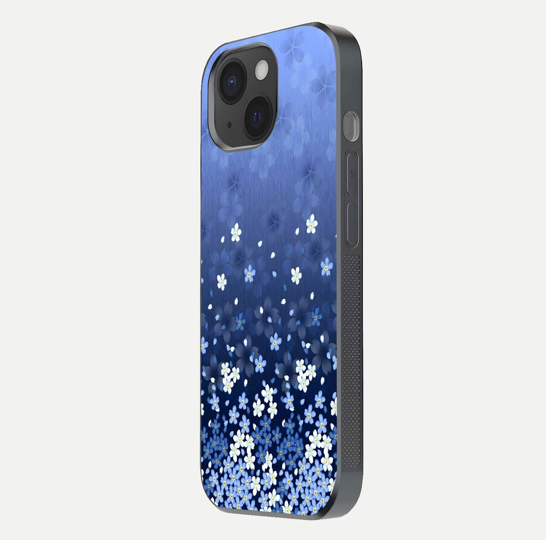 Blue Starry Glass Case for iPhone 15 side-angle photo showing light reflection and detailed star pattern