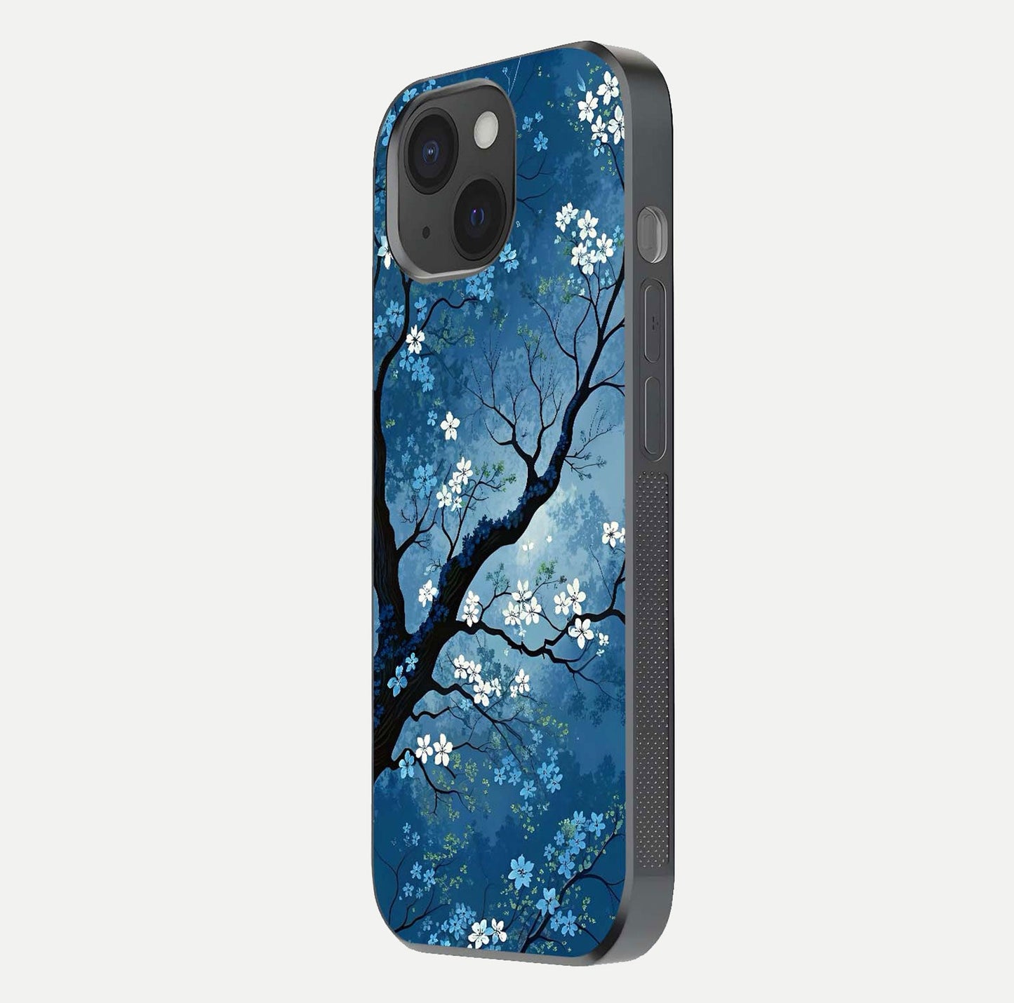 Blue Tree Serenity Glass Case for iPhone 15 side-angle shot showing glossy edge and tree pattern reflection