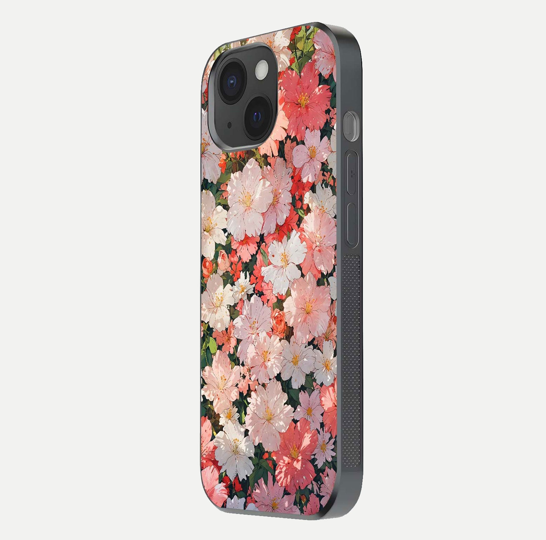 Blush Bloom Field Glass Case for iPhone 15 side-angle image showing petal pattern gloss and smooth edges