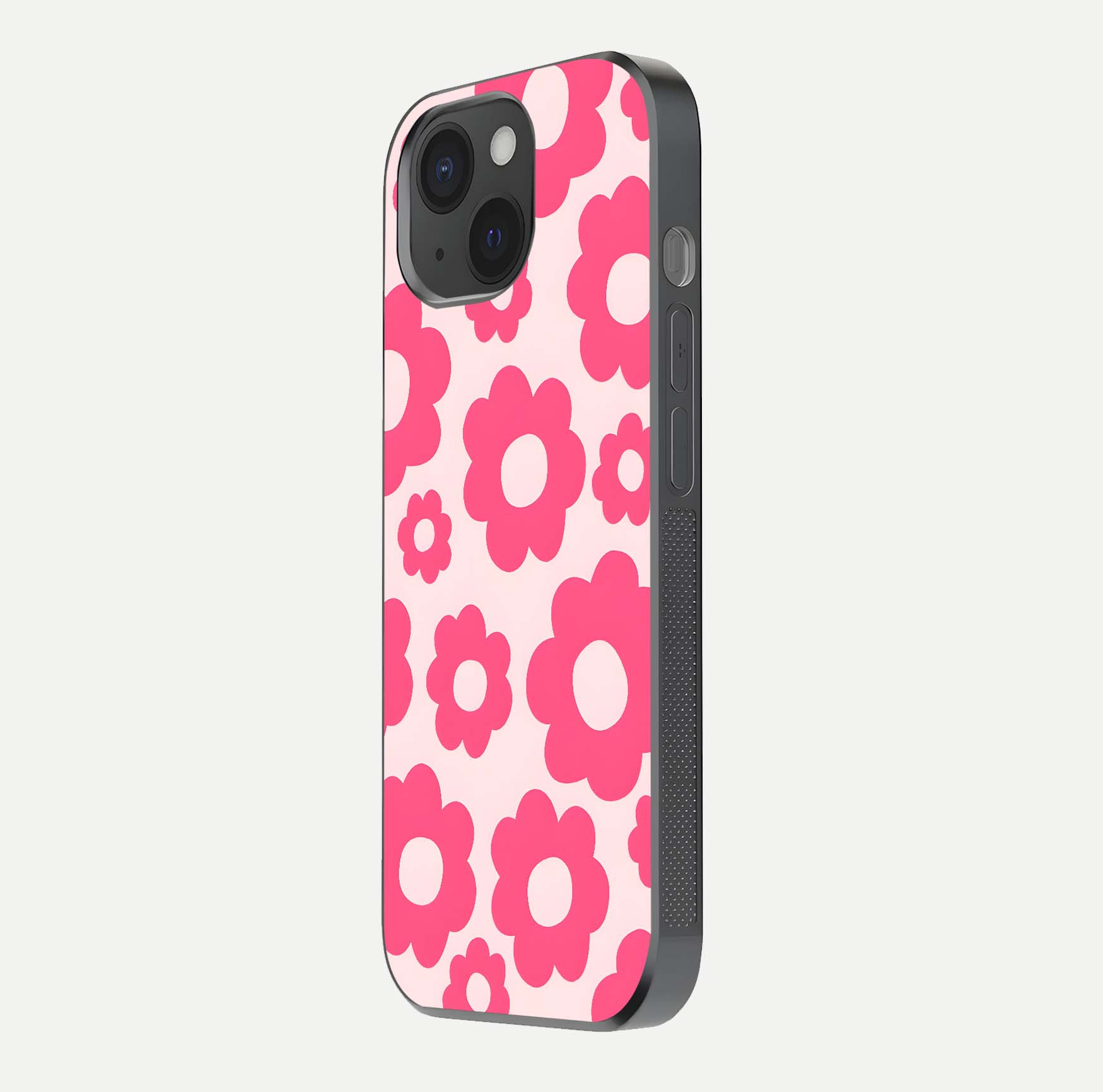 Blush Flower Pop iPhone 15  glass phone case side profile view focusing on clean edges and seamless floral wrap