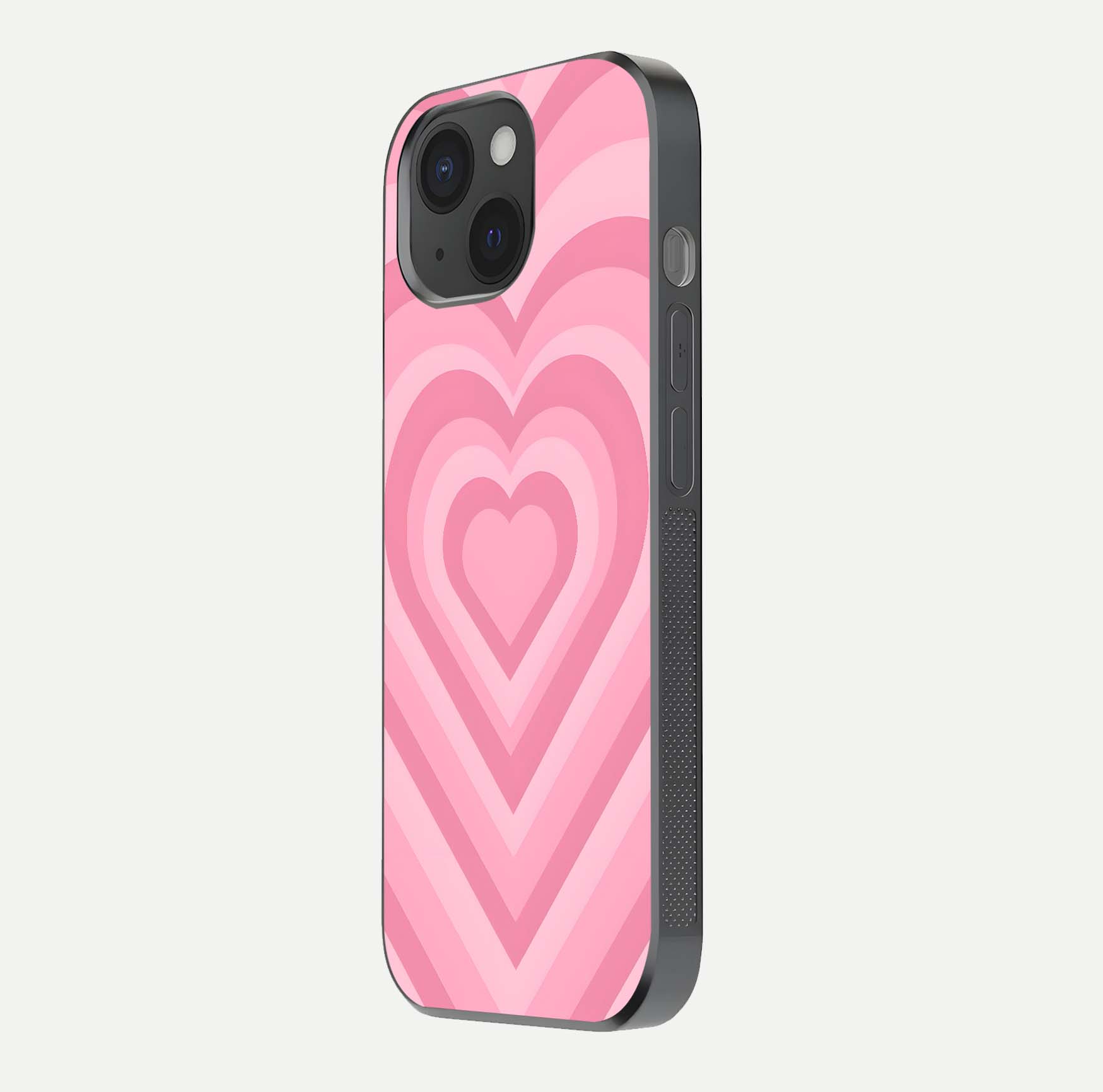 Blush Heart Waves iPhone 15  glass phone case side profile view focusing on smooth edges and elegant wrap
