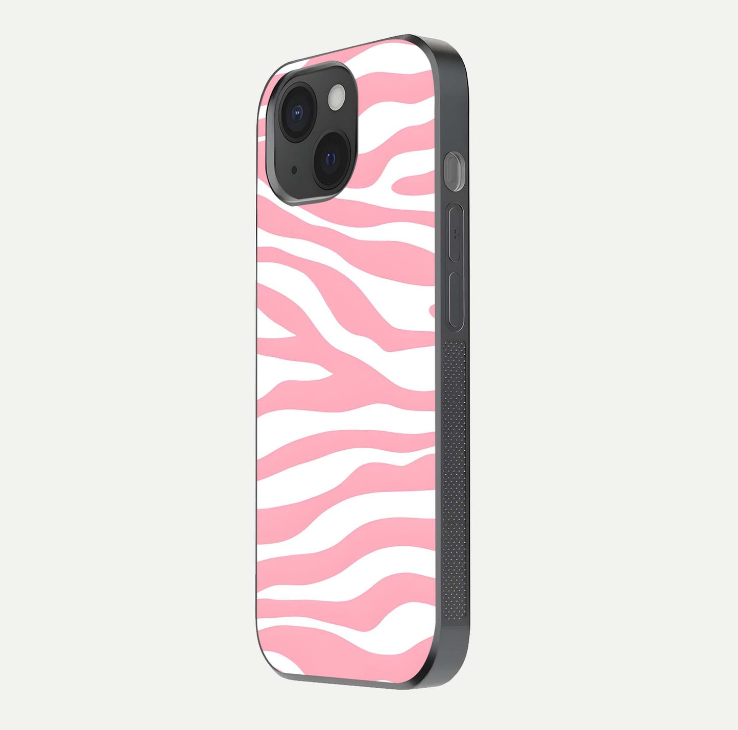 Blush Zebra Flow iPhone 15  glass phone case side profile view focusing on sleek frame and seamless wrap