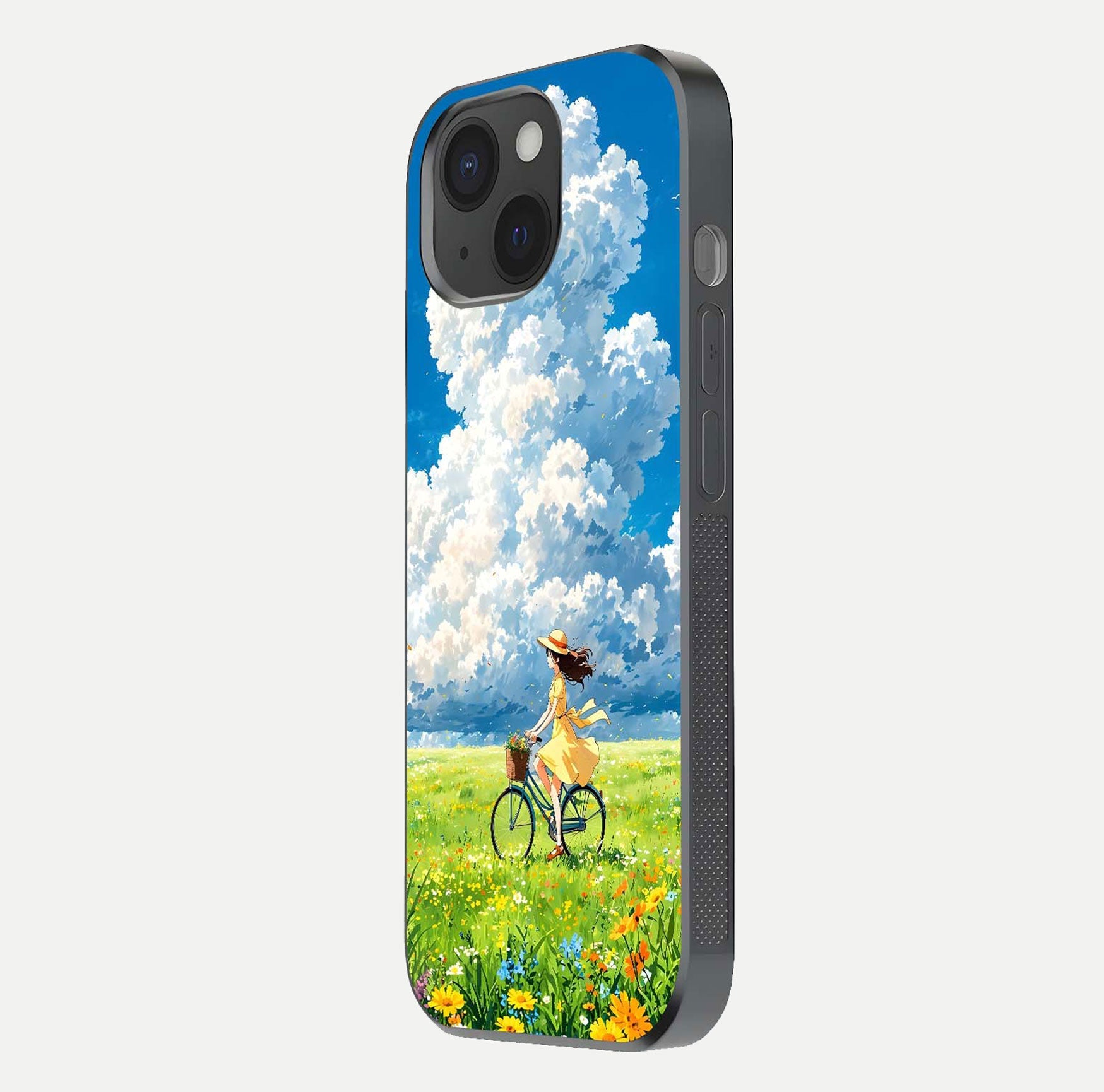 Breezy Meadow Ride Glass Case for iPhone 15 side-angle image showing floral details and edge glow