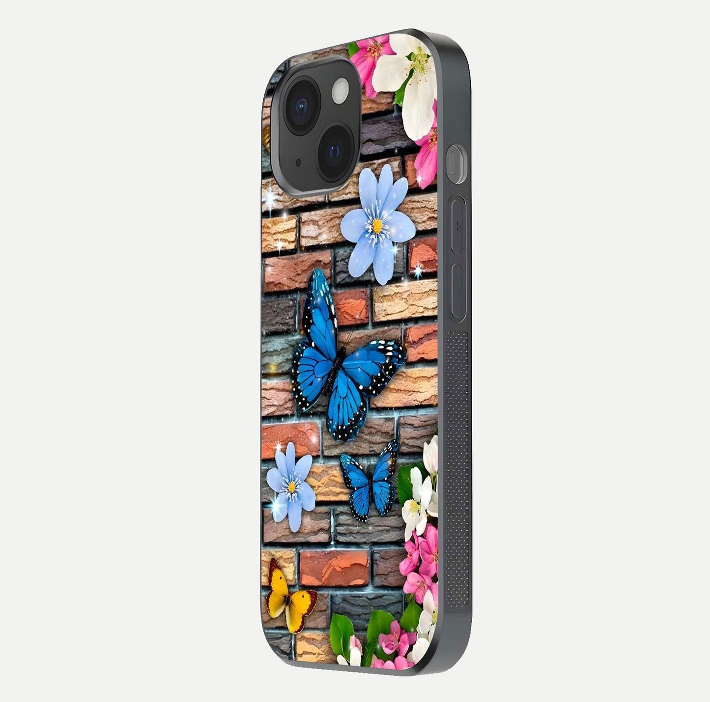 Brick Bloom Flight Glass Case for iPhone 15 side-angle photo showing curve shine and detailed petal contrast