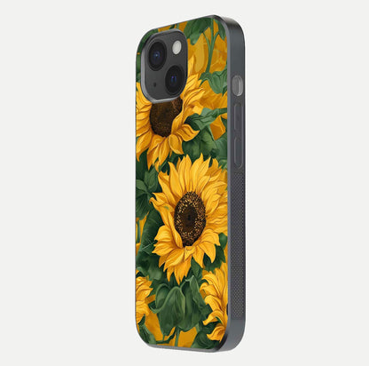 Bright Sunflower Bloom Glass Case for iPhone 15 side-angle image showing shine texture and detailed bloom