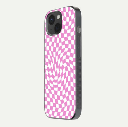 Bubblegum Check Wave iPhone 15  glass phone case side profile view focusing on smooth edges and seamless wrap