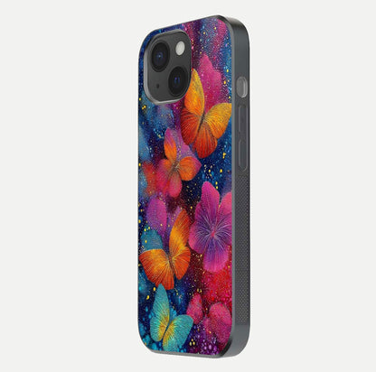Butterfly Dream Mist Glass Case for iPhone 15 side-angle image showing soft gradient and reflective glow