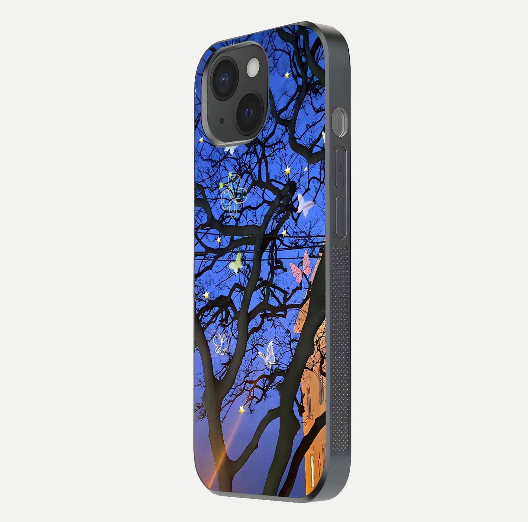 Butterfly Night Magic Glass Case for iPhone 15 side-angle view capturing butterfly contrast and glossy depth