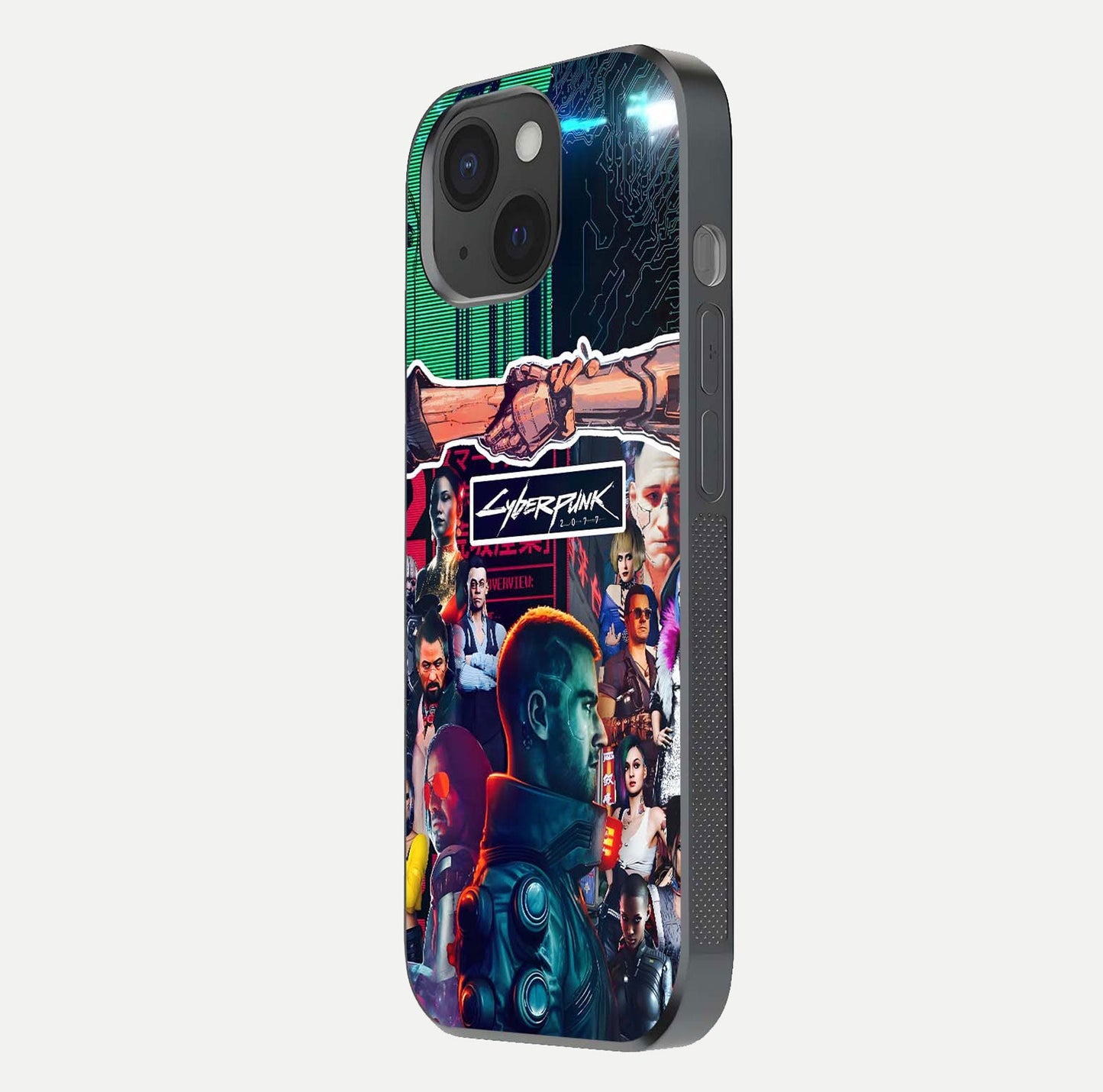 CYBERPUNK Legacy Glass Case for iPhone 15 side-angle photo showing edge glow and reflective surface