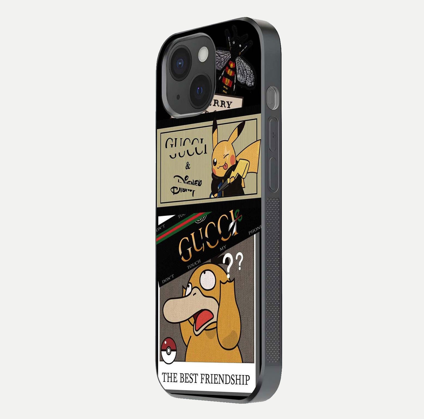Cartoon Brand Play Mashup Glass Case for iPhone 15 side-angle image showing reflection brightness and fun graphic mix