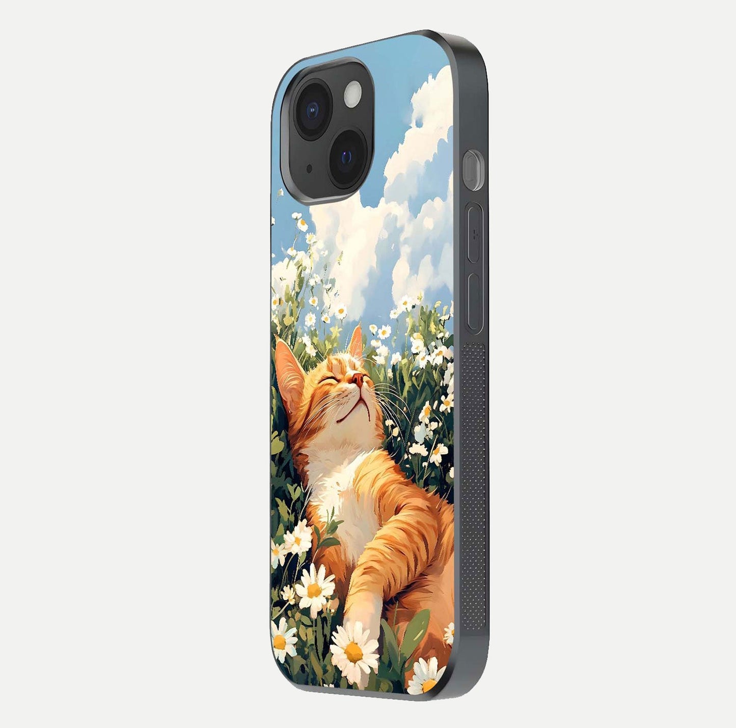 Cat & Flowers View Glass Case for iPhone 15 side-angle image capturing cat print clarity and gloss tone