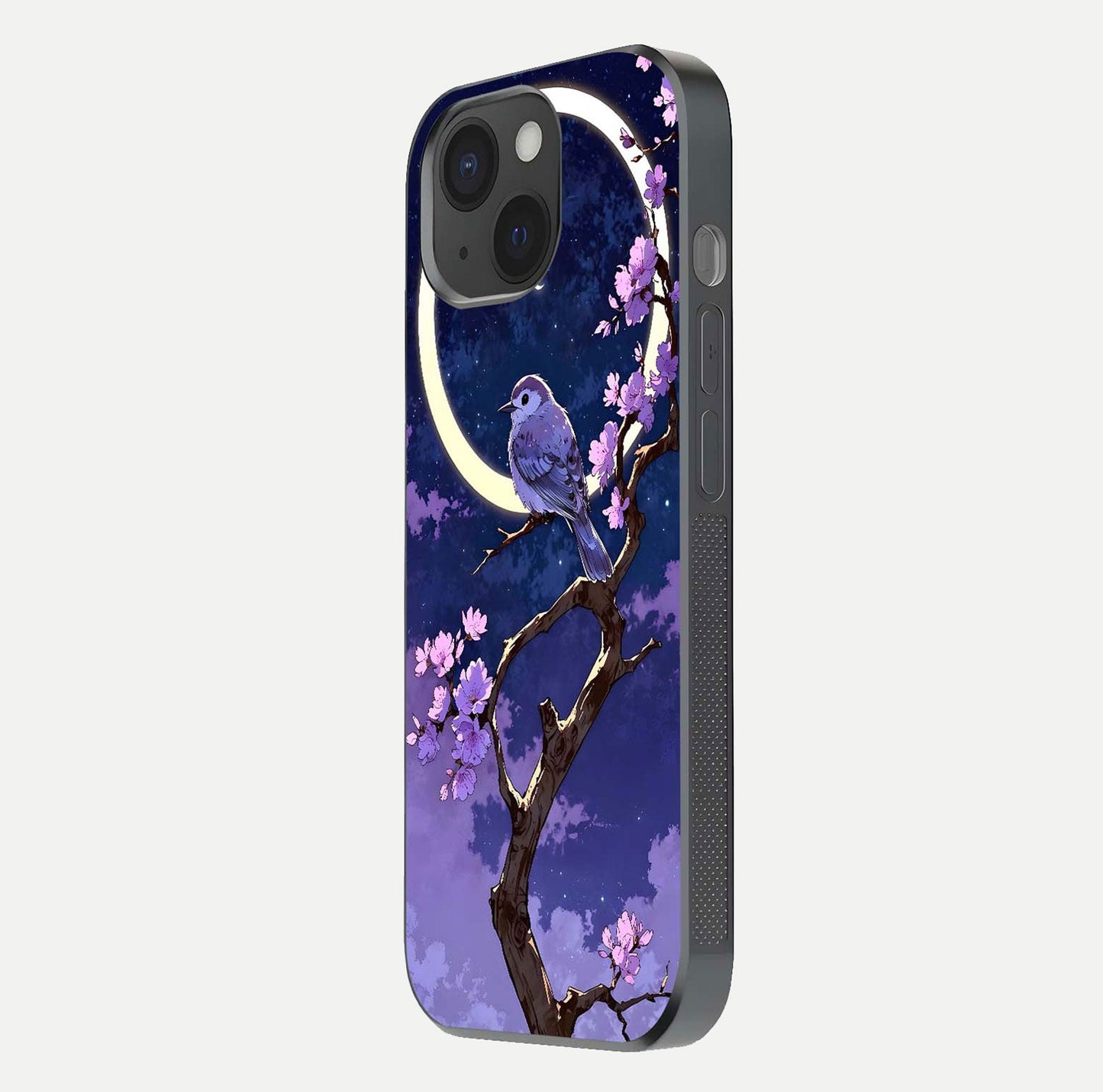 Celestial Bird Blossom Glass Case for iPhone 15 side-angle image showing detailed wings and glossy polish