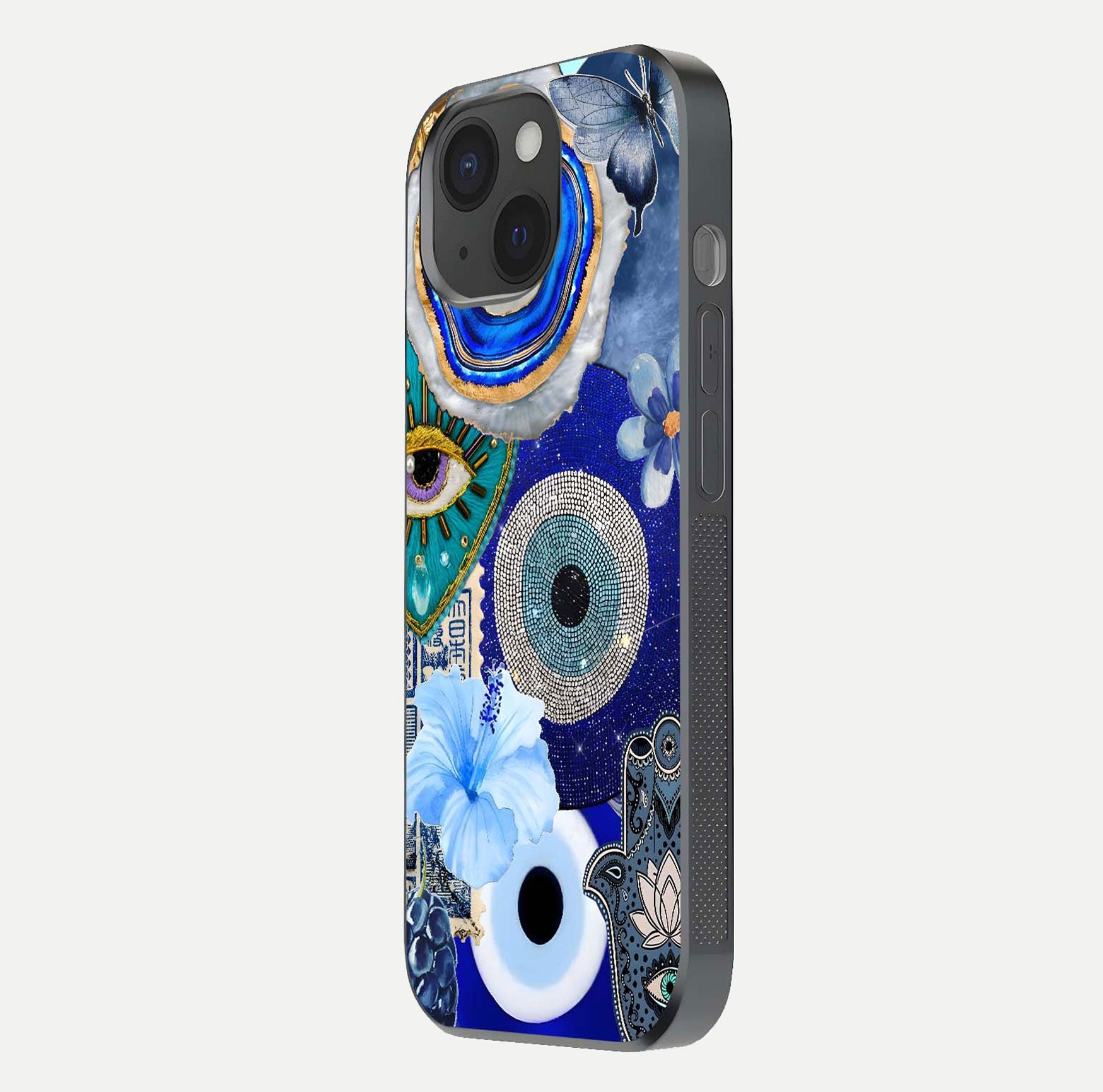 Celestial Blue Vision Glass Case for iPhone 15 side-angle image capturing starlight shimmer and glass reflection