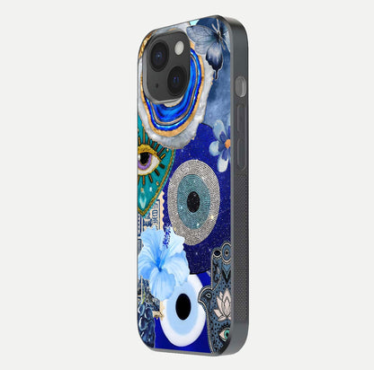Celestial Blue Vision Glass Case for iPhone 15 side-angle image capturing starlight shimmer and glass reflection