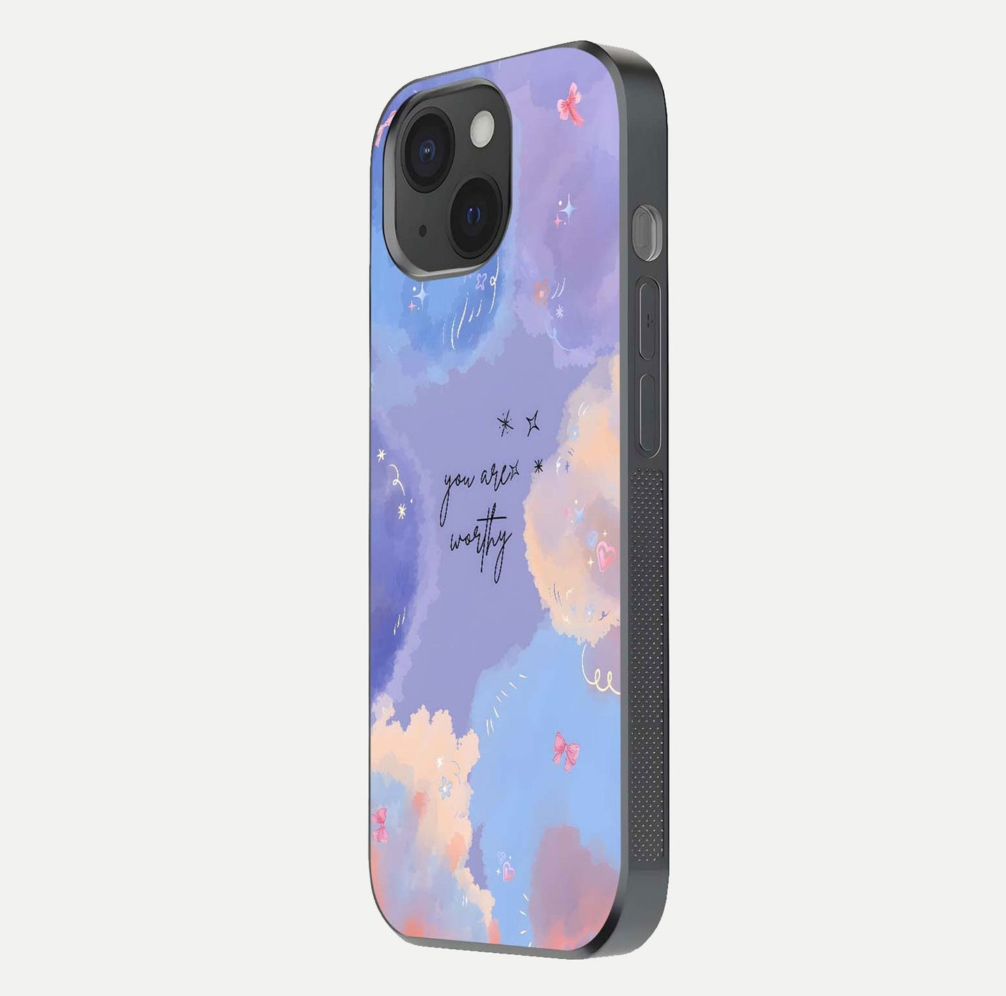 Celestial Cloud Magic Glass Case for iPhone 15 side-angle photo showing edge reflection and dreamy texture