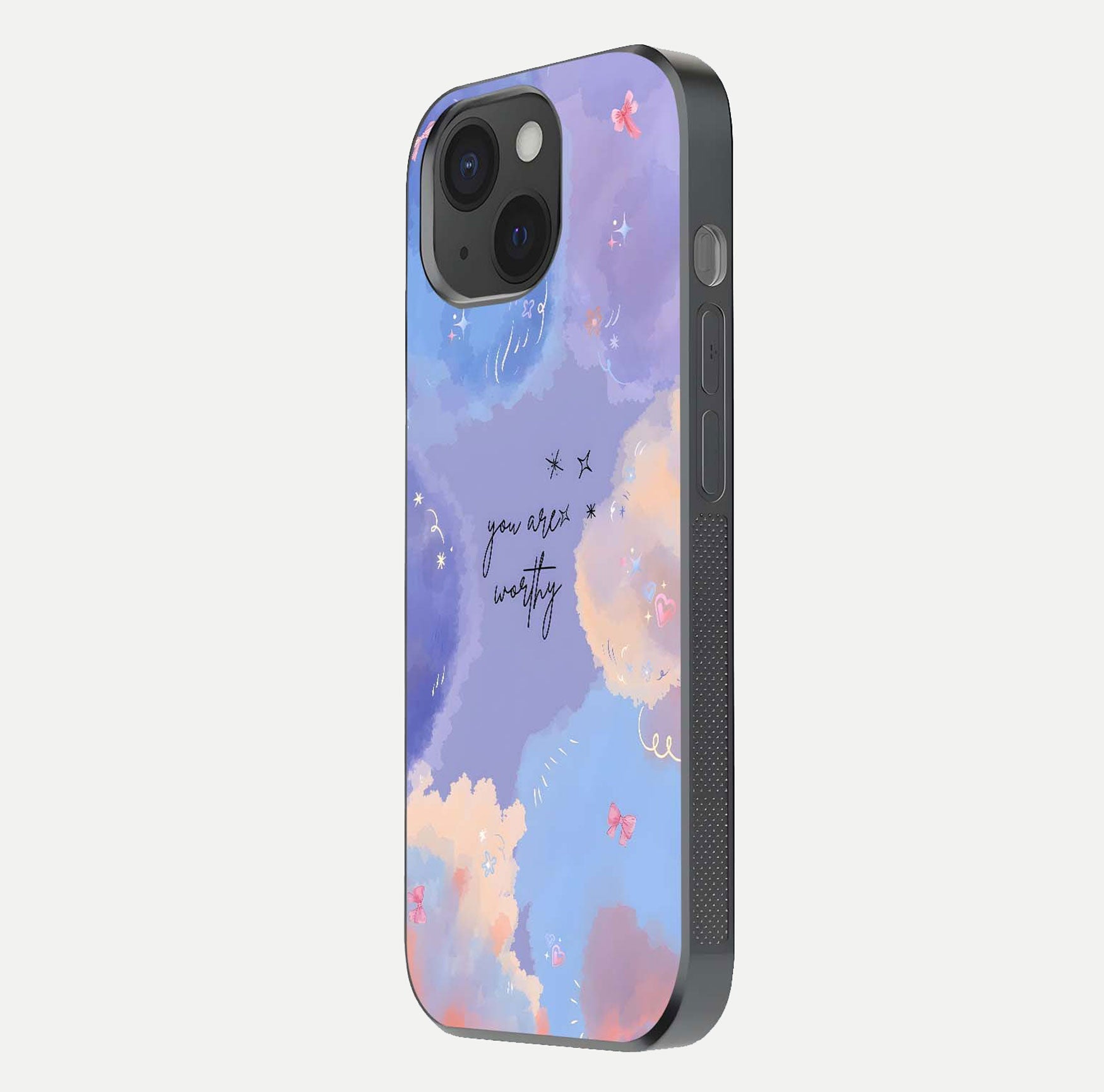 Celestial Cloud Magic Glass Case for iPhone 15 side-angle photo showing edge reflection and dreamy texture