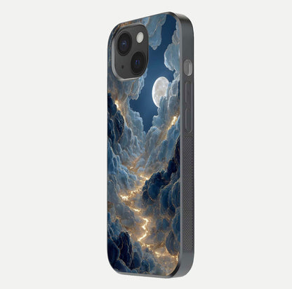 Celestial Cloud Road Glass Case for iPhone 15 side-angle image showing soft pastel tones and edge clarity