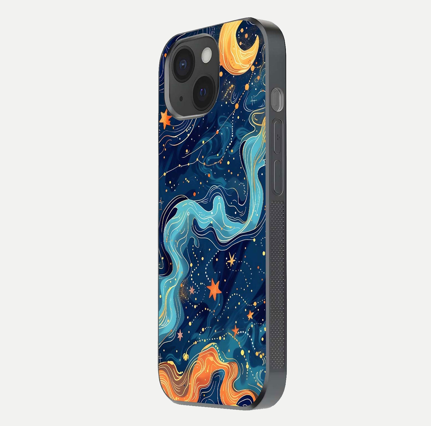 Celestial Dream Flow Glass Case for iPhone 15 side-angle image capturing color swirl and glass reflection