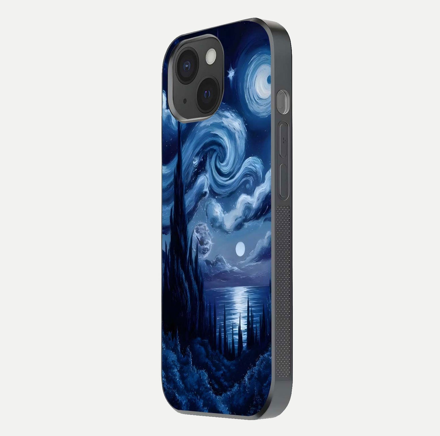 Celestial Dream Van Gogh Glass Case for iPhone 15 side-angle photo showing depth swirl design and curved reflection