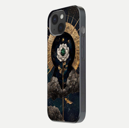 Celestial Lotus Morang Glass Case for iPhone 15 side-angle image capturing shine and smooth curvature
