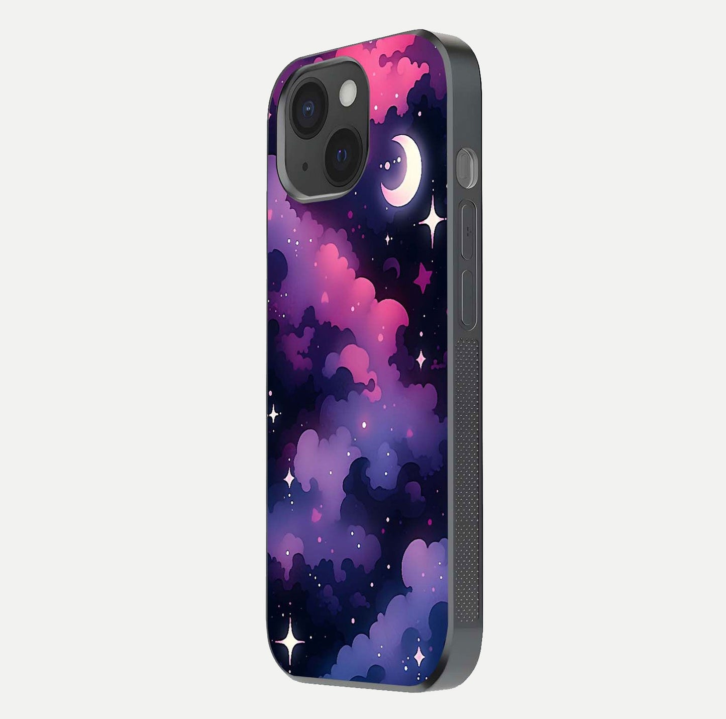 Celestial Moon Magic Glass Case for iPhone 15 side-angle shot capturing soft reflection and curved gloss