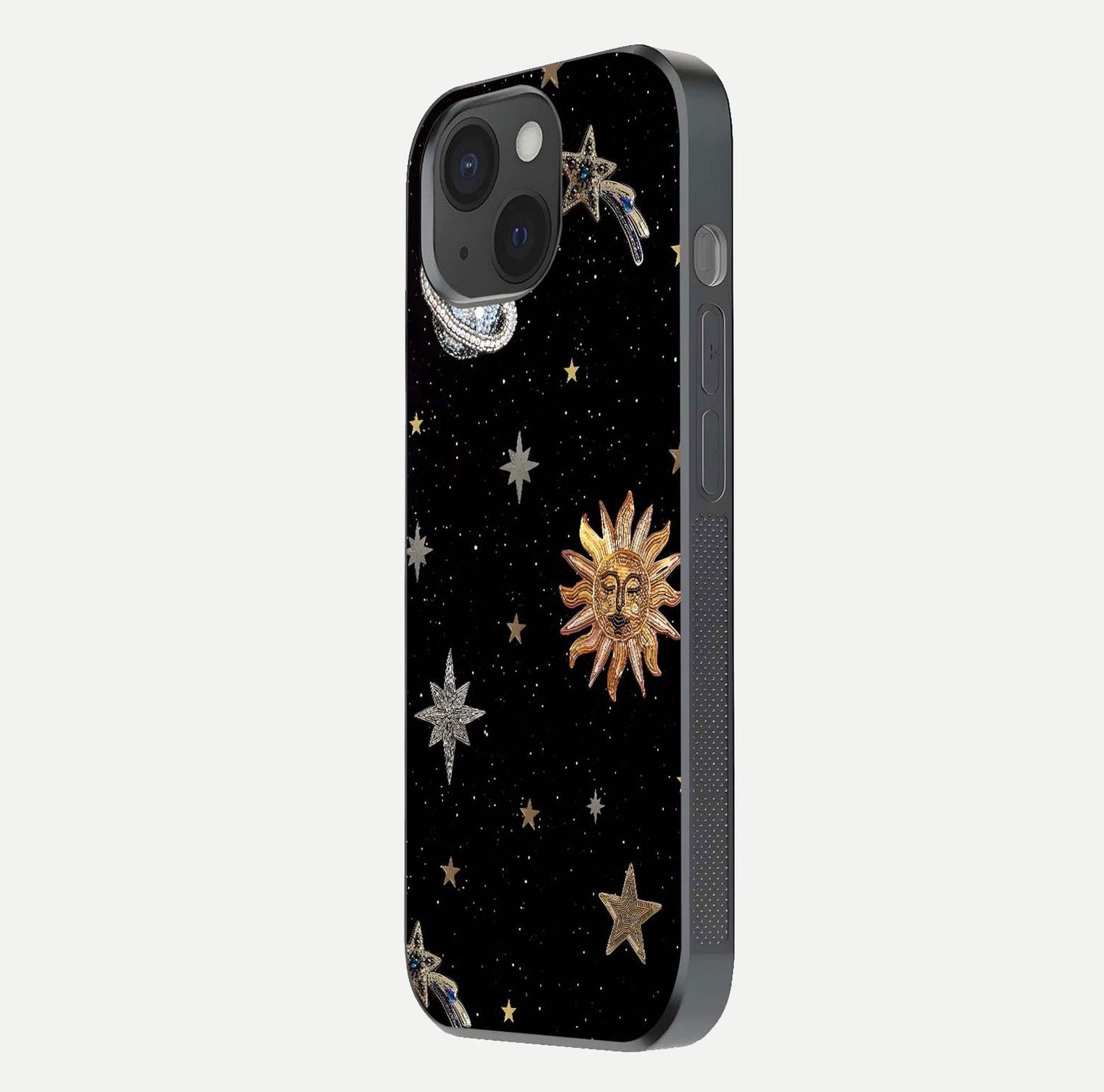 Celestial Moon With Stars Glass Case for iPhone 15 side-angle view showing curved edges and shimmer glow