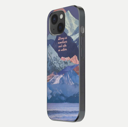 Celestial Mountain Calm Glass Case for iPhone 15 side-angle image capturing mountain detail and shine gradient