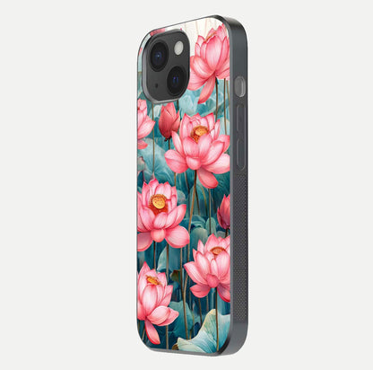 Celestial Pink Lotus Glass Case for iPhone 15 side-angle image showing reflective shine and petal curve