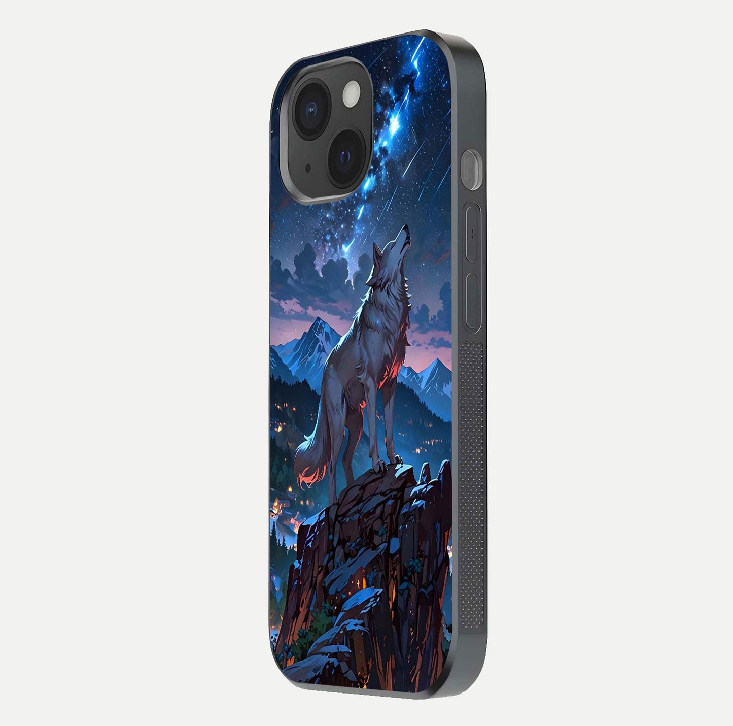 Celestial Wolf Howl Glass Case for iPhone 15 side-angle image showing curve polish and moon glow