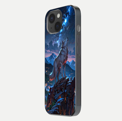 Celestial Wolf Howl Glass Case for iPhone 15 side-angle image showing curve polish and moon glow