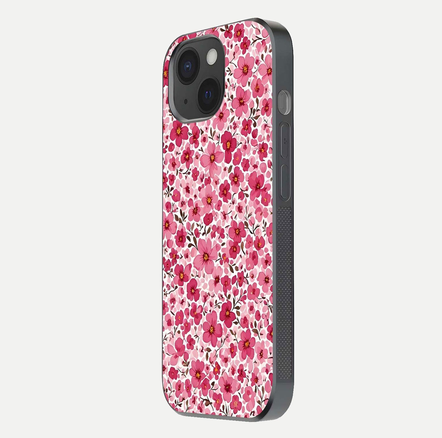 Cherry Blossom Charm Glass Case for iPhone 15 side-angle image showing reflection gloss and soft texture