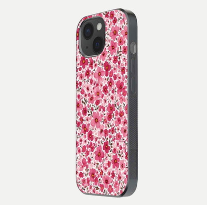 Cherry Blossom Charm Glass Case for iPhone 15 side-angle image showing reflection gloss and soft texture