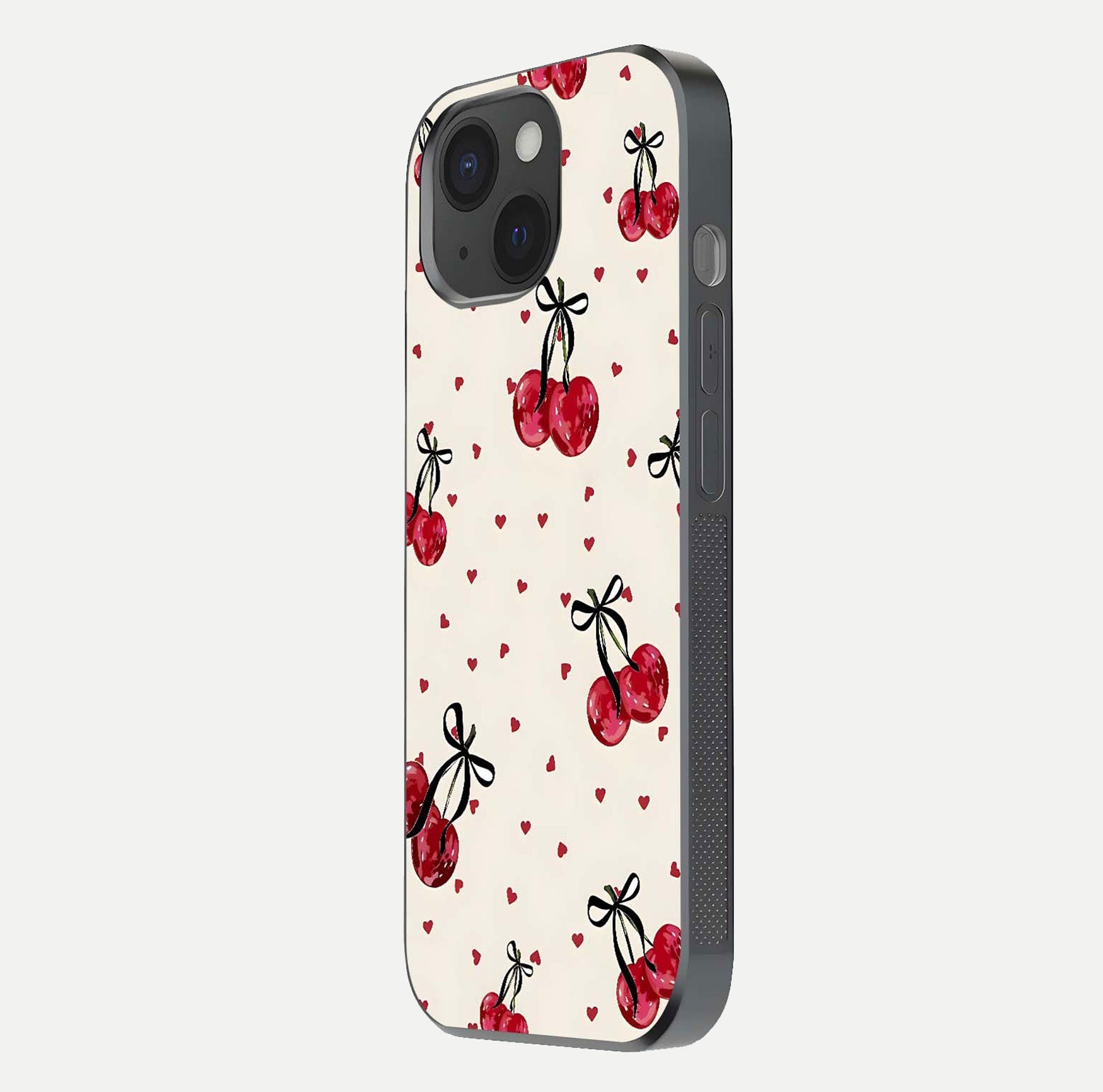 Cherry Heart Bow Glass Case for iPhone 15 side-angle image capturing gloss texture and charm bow art