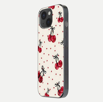 Cherry Heart Bow Glass Case for iPhone 15 side-angle image capturing gloss texture and charm bow art