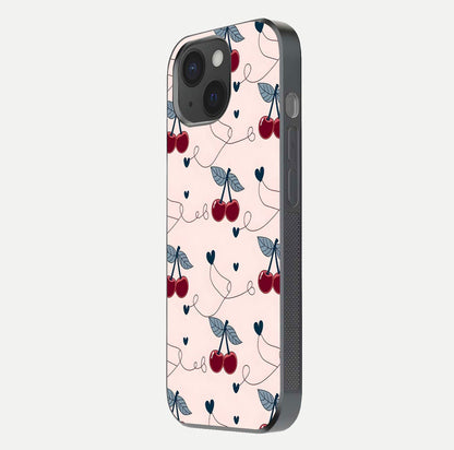 Cherry Heart Line Glass Case for iPhone 15 side-angle view capturing smooth curves and shine effect