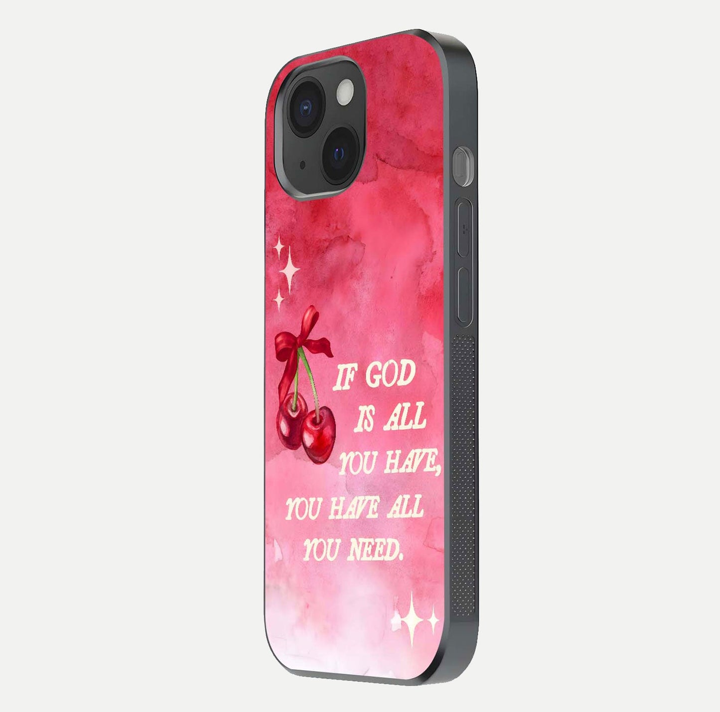 Cherry Quote Glass Case for iPhone 15 side-angle image showing curve glow and glass detail