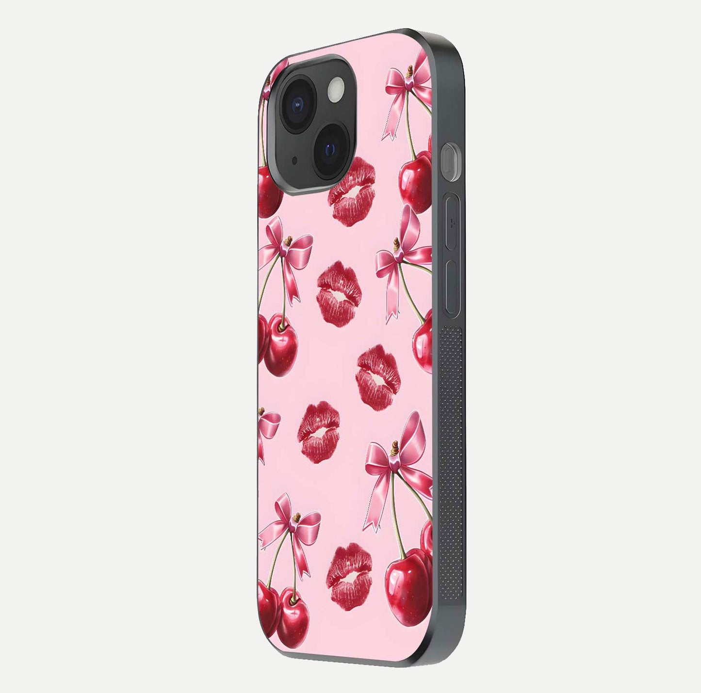Cherry With Lips Glass Case for iPhone 15 side-angle image showing gloss reflection and fine details