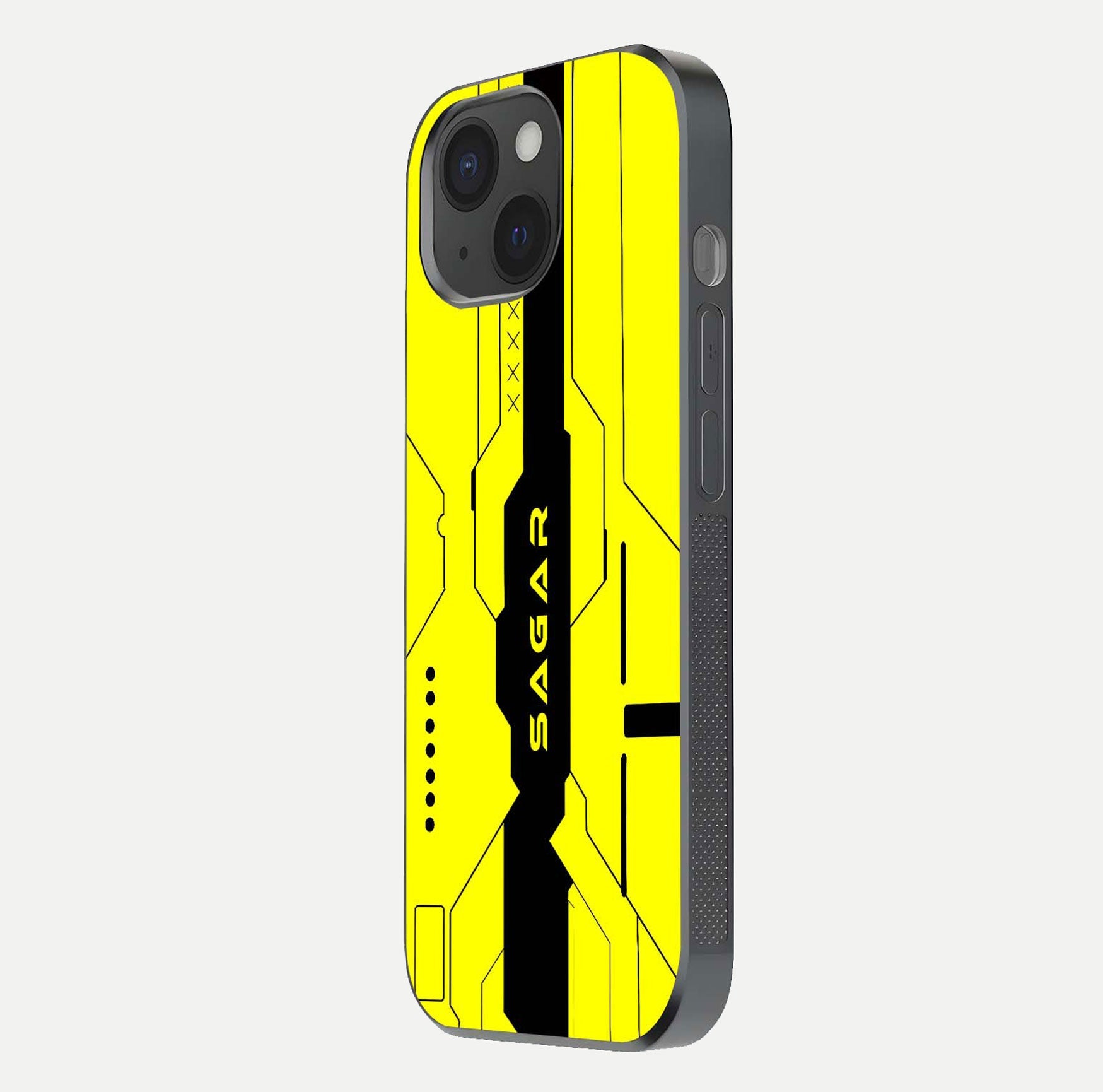 Circuit CYBERPUNK Custom Name Glass Case for iPhone 15 side-angle image showing reflective finish and design precision
