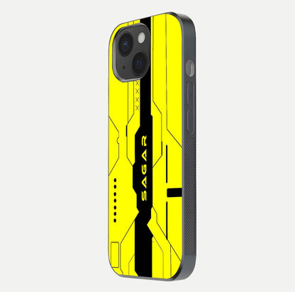 Circuit CYBERPUNK Custom Name Glass Case for iPhone 15 side-angle image showing reflective finish and design precision
