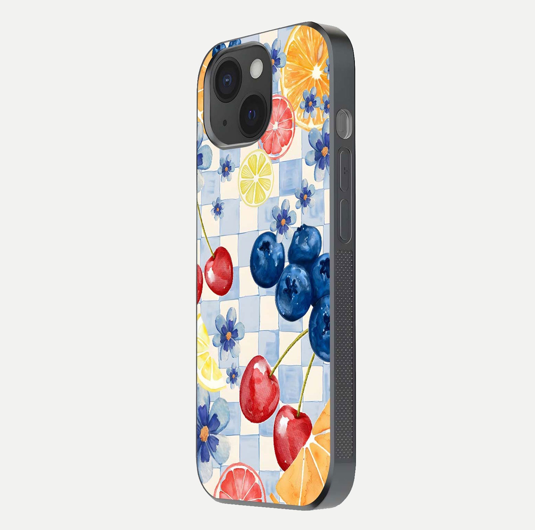 Citrus Bloom Joy Glass Case for iPhone 15 side-angle photo capturing bright color and glass reflection