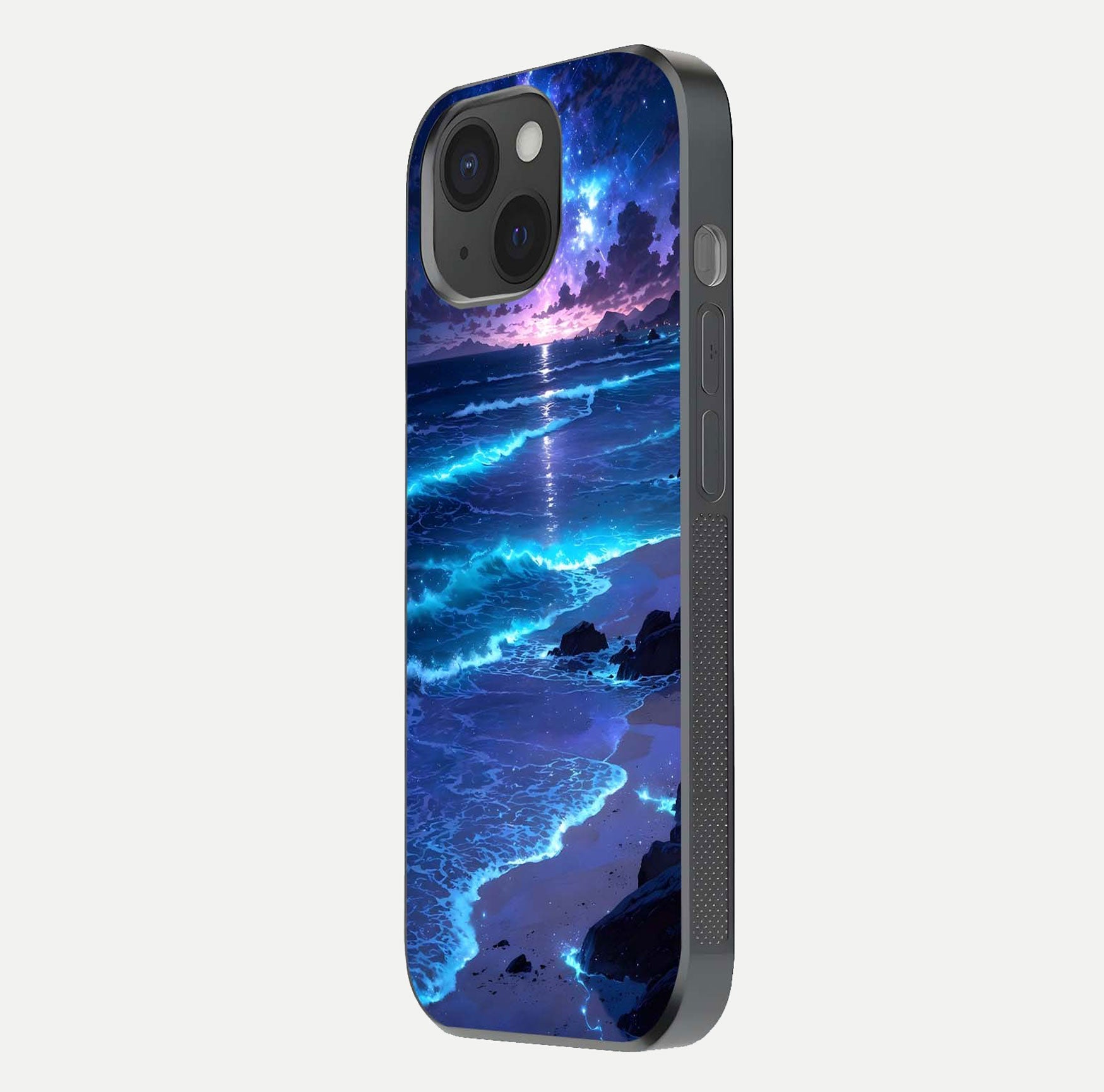 Classic Damn Look Glass Case for iPhone 15 side-angle photo showing shine texture and curve reflection