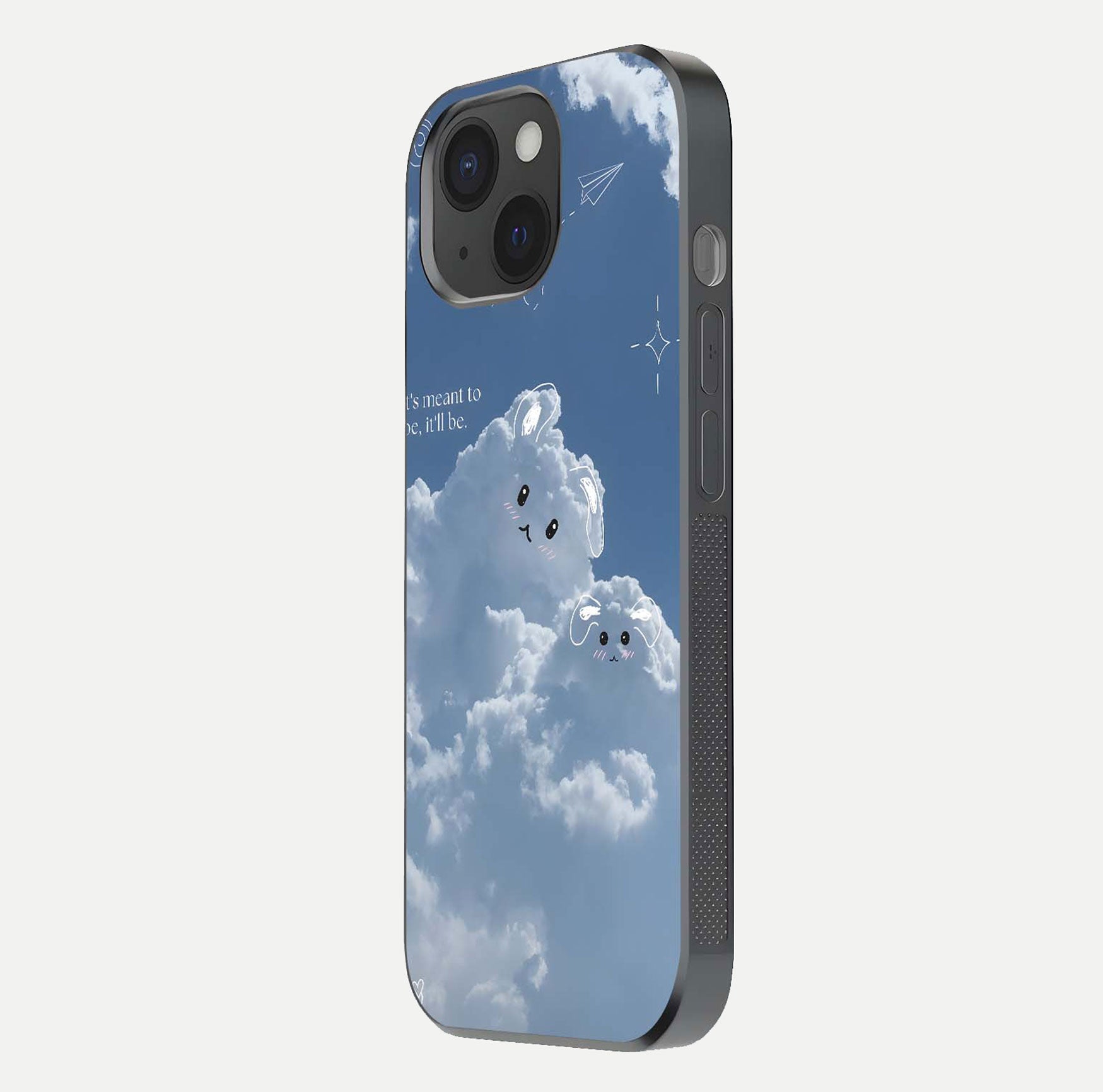 Cloud Bunny Dreams Glass Case for iPhone 15 side-angle image capturing gloss texture and edge glow