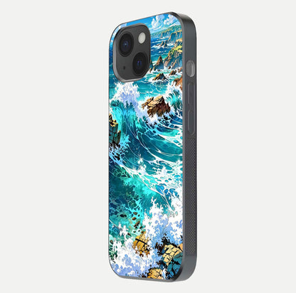 Coastal Blue Waves Glass Case for iPhone 15 side-angle photo showing gloss texture and color depth