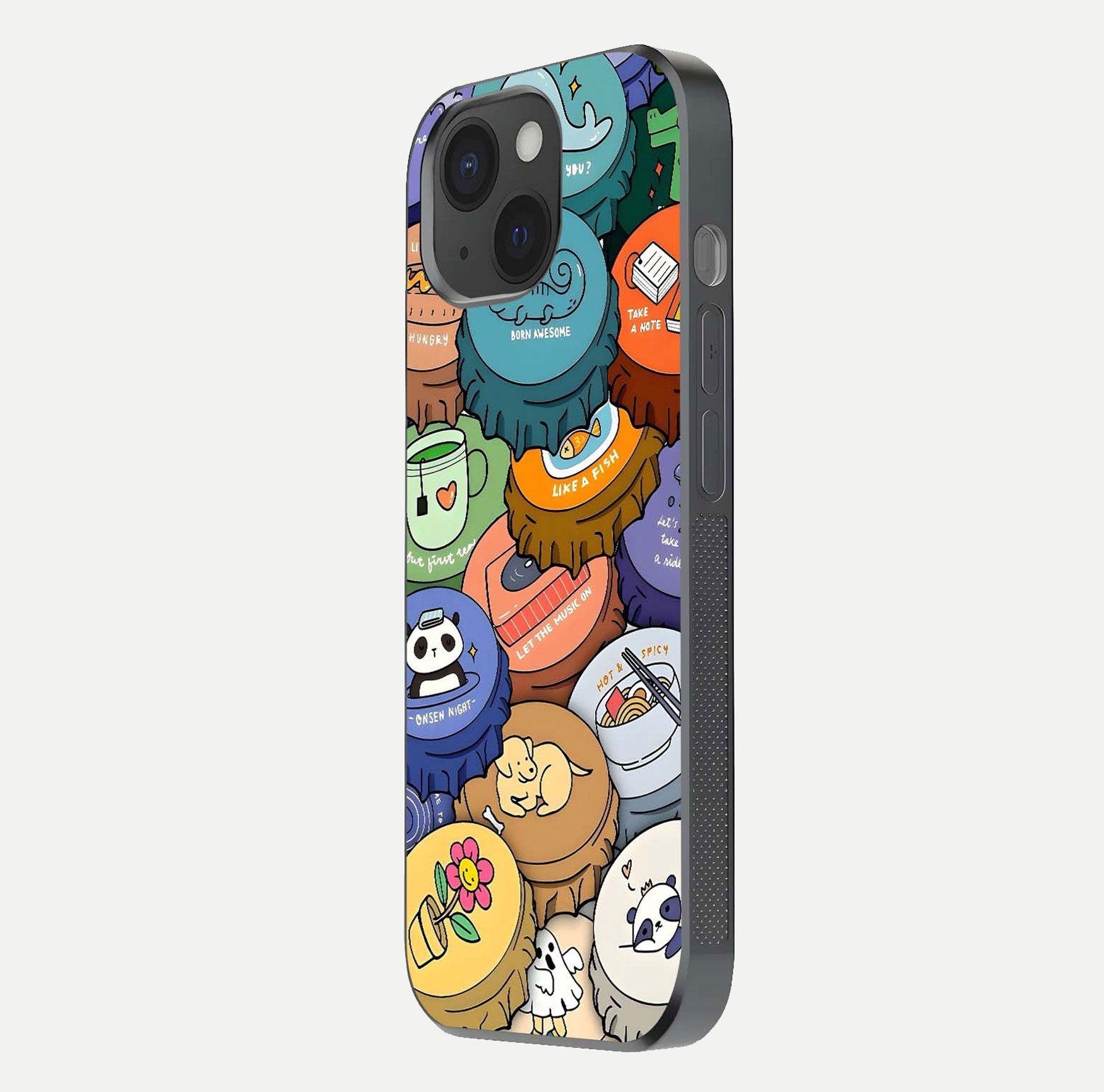 Coins Patterns Glass Case for iPhone 15 side-angle photo capturing shine finish and curve glow