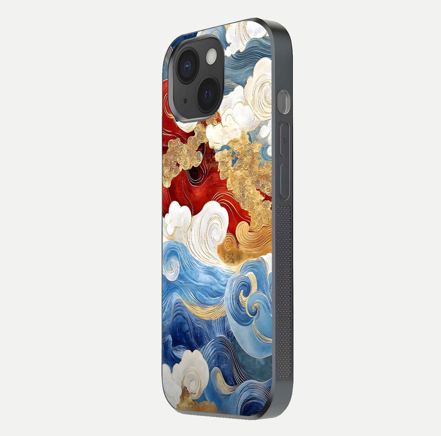 Colored Waves Glass Case for iPhone 15 side-angle image showing light reflection, edge design, and shine