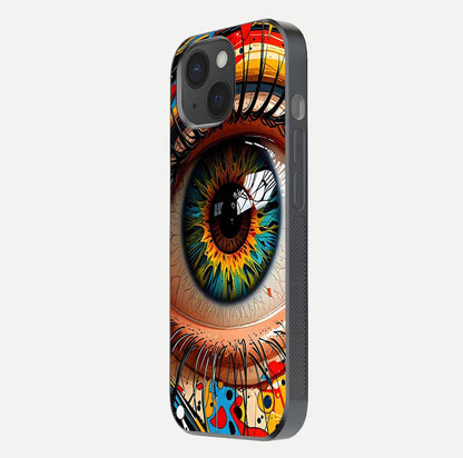 Colorful Eye Glass Case for iPhone 15 side-angle photo showing reflective surface and design detail